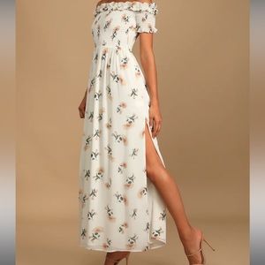 Ivory Floral Print Smocked Off-the-Shoulder Dress